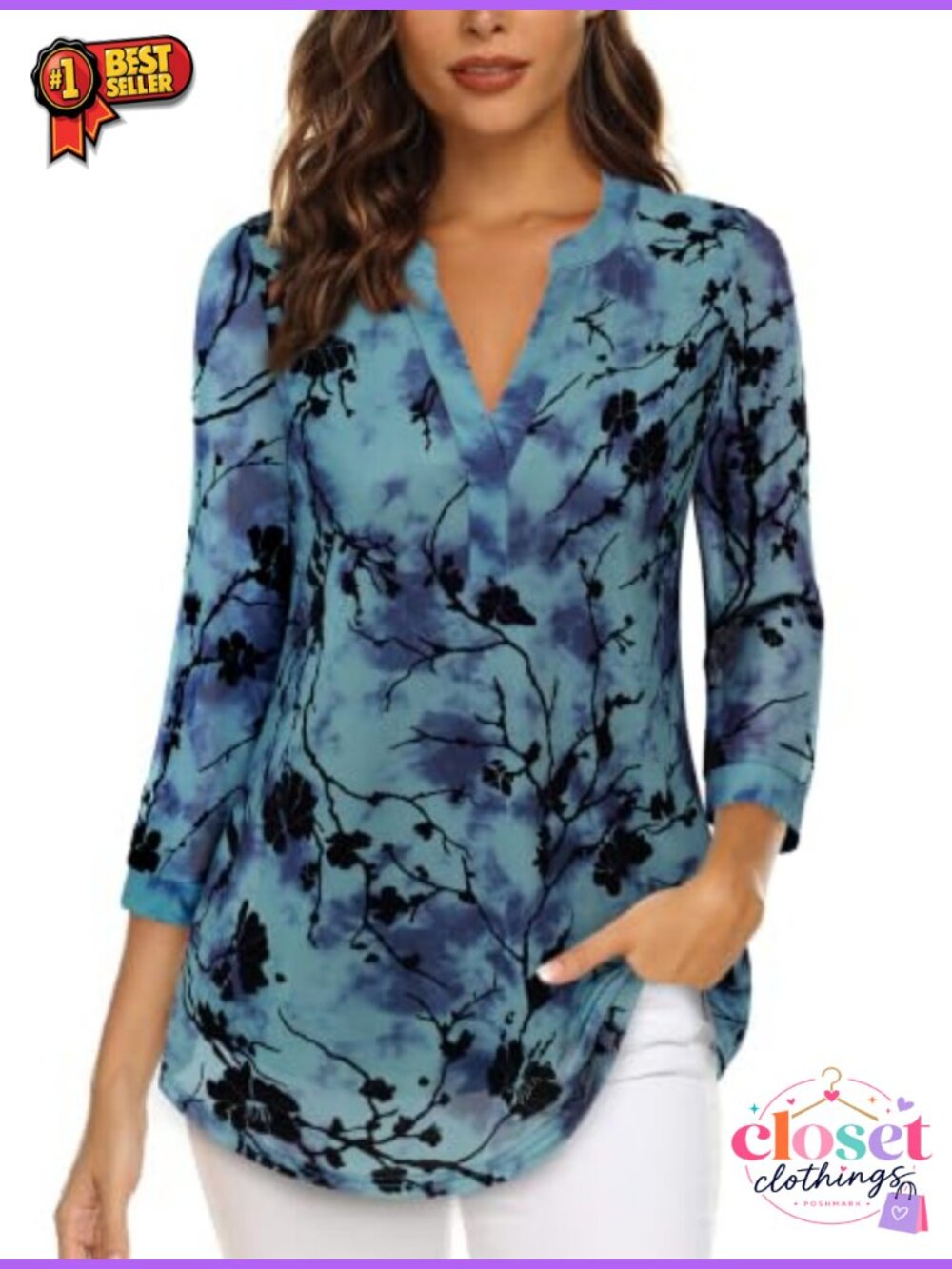 Womens 3/4 Sleeve V Neck Tunic Blouse Double Layers Mesh Floral Top